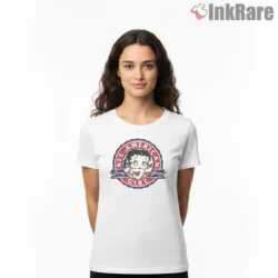 All American Girl Betty Boop Retro Emblem Shirt on white short sleeve shirt for women graphic tee
