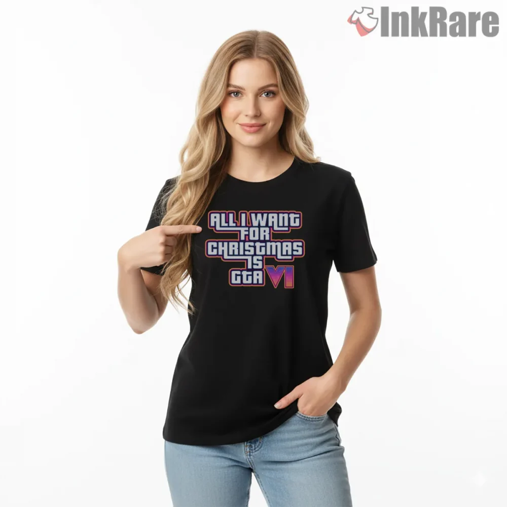 All I Want For Christmas Is Gta Vi Festive Neon Shirt on black short sleeve shirt for women graphic tee