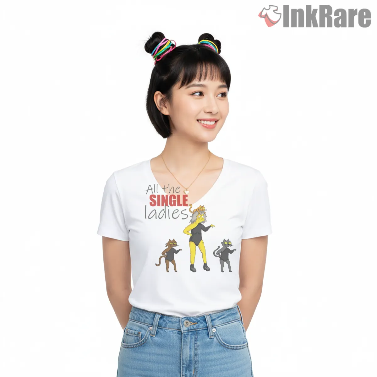 All The Single Ladies Simpsons Dance Meme Parody V Neck White All The Single Ladies Simpsons Dance Meme Parody Shirt on white v-neck shirt for women graphic tee