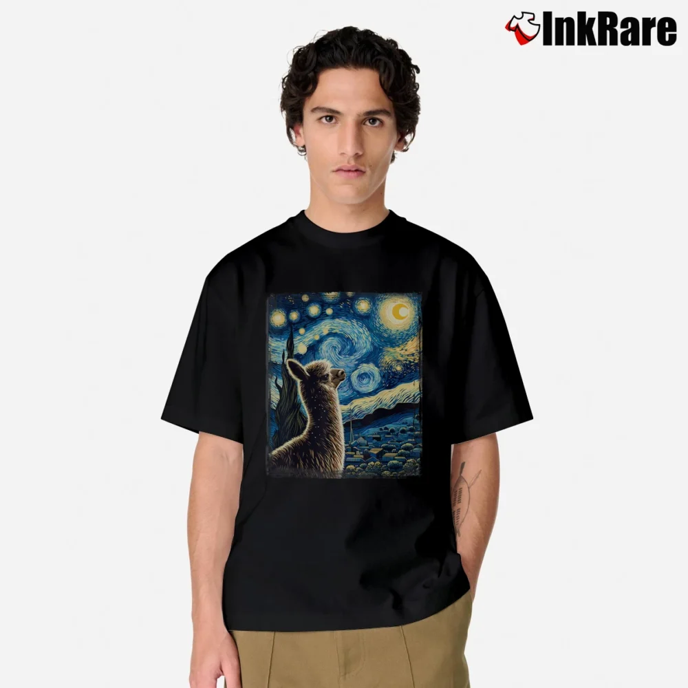 Men’s Alpaca Van Gogh Style Starry Night Alpaca Classic T-Shirt in black | Soft, Breathable Everyday Wear