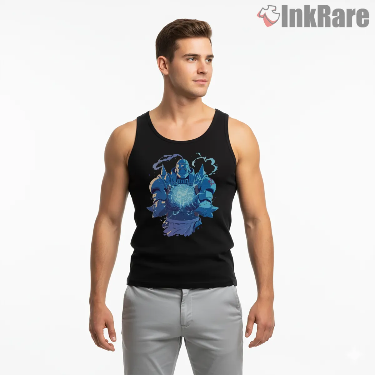 Alphonse Elric Blue Energy Core Minimal Anime Tank Top Black Alphonse Elric Blue Energy Core Minimal Anime Shirt on black tank top for men graphic tee