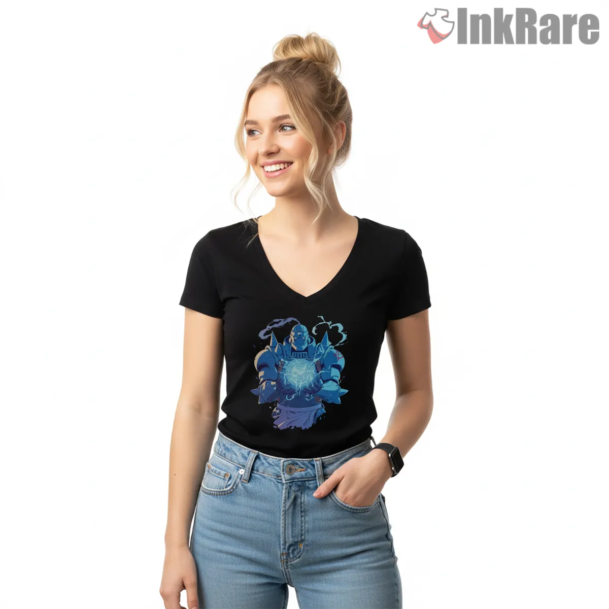 Alphonse Elric Blue Energy Core Minimal Anime Shirt on black v-neck shirt for women graphic tee