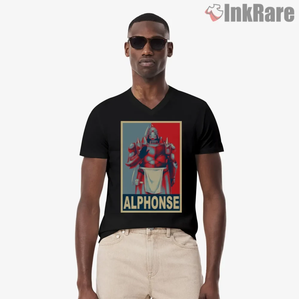Alphonse Elric Minimal Poster Red Blue Contrast Anime Shirt on black v-neck shirt for men graphic tee