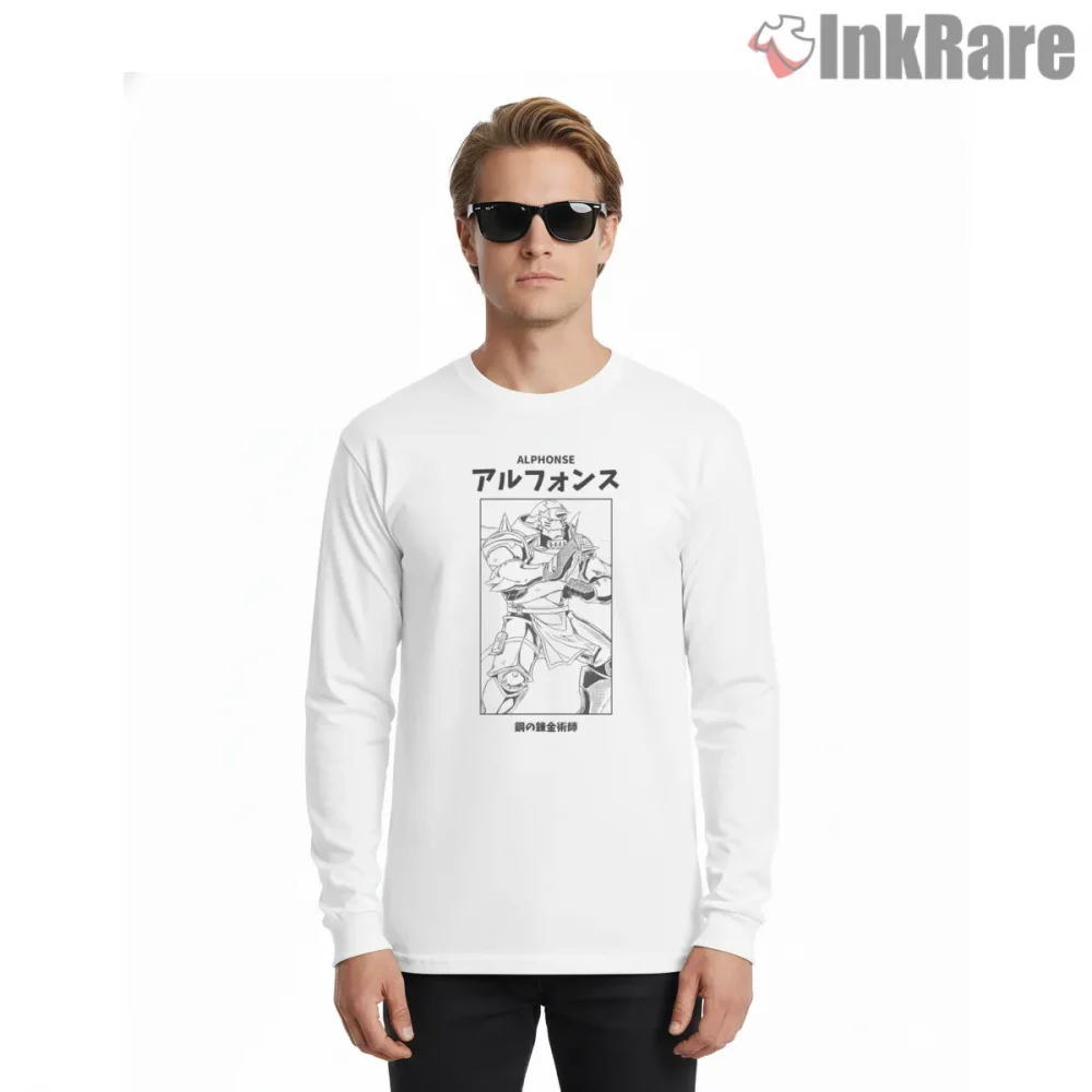 Alphonse Elric Sketch Style Minimal Manga Anime Shirt on white long sleeve shirt for men graphic tee