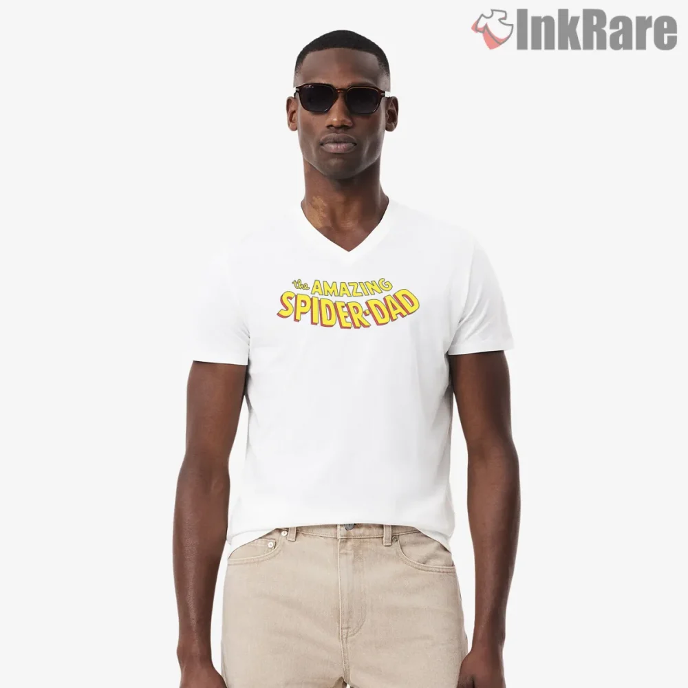 Amazing Spider Dad Retro Comic Typography Shirt on white v-neck shirt for men graphic tee