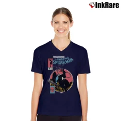Women’s Amazing Spider Man Symbiotic 25th Anniversary Marvel V-Neck Tee in navy | Chic Neckline, Soft Texture