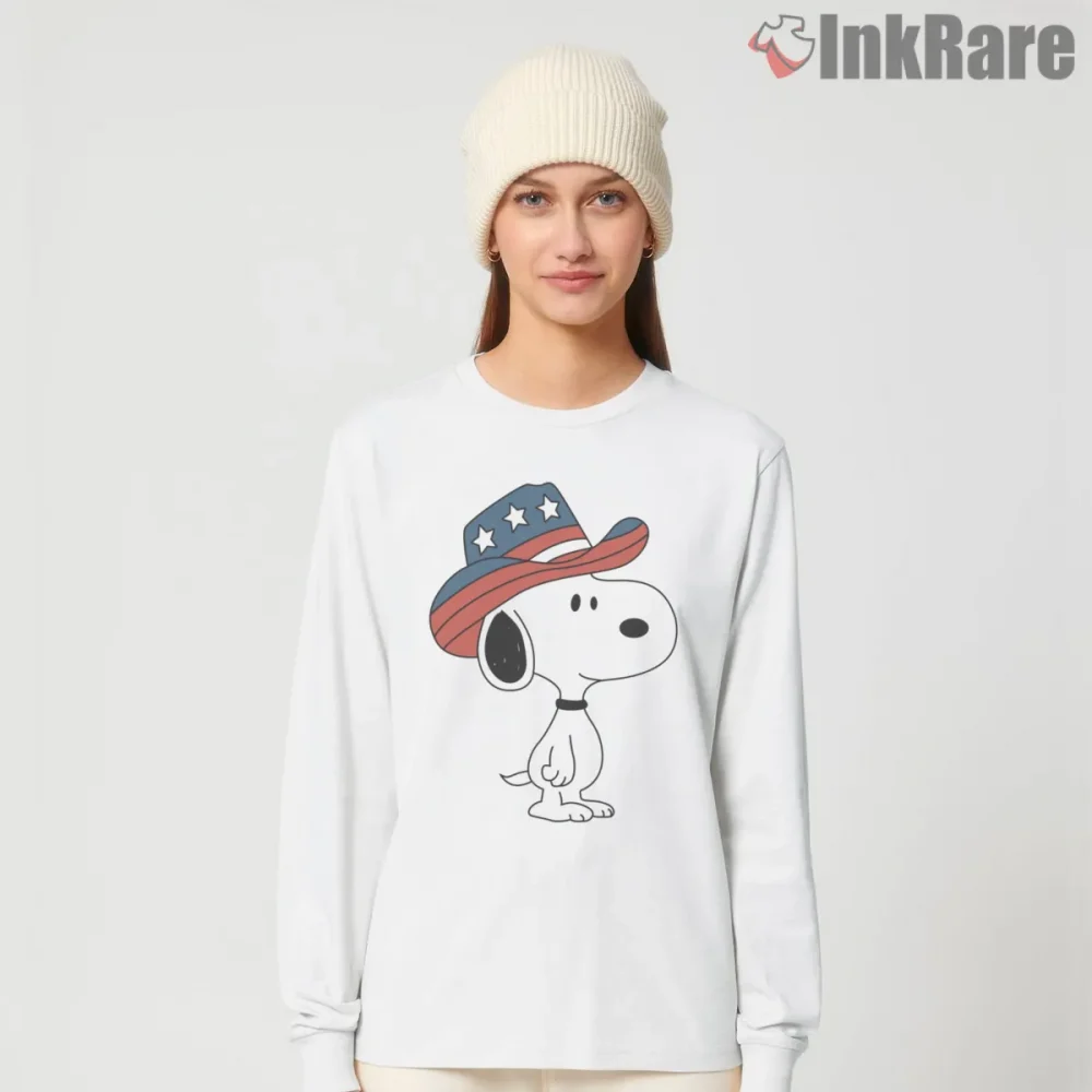 American Cowboy Snoopy Patriotic Hat Shirt on white long sleeve shirt for women graphic tee