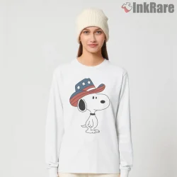 American Cowboy Snoopy Patriotic Hat Shirt on white long sleeve shirt for women graphic tee