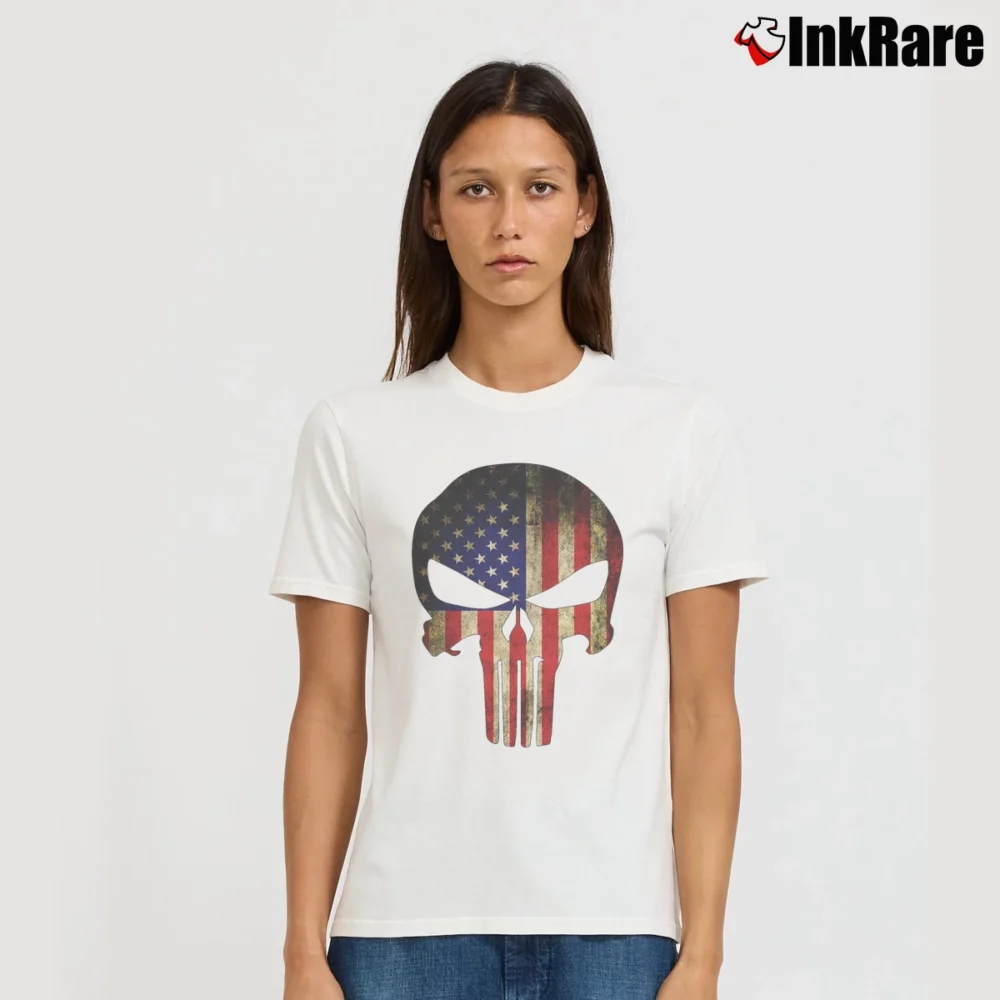Women’s American Flag Punisher Skull Signature T-Shirt in white | Soft, Flattering Fit