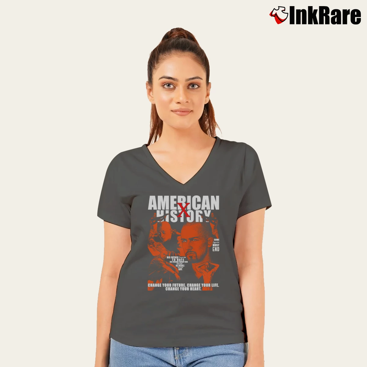 Women’s American History X V-Neck Tee in charcoal | Chic Neckline, Soft Texture