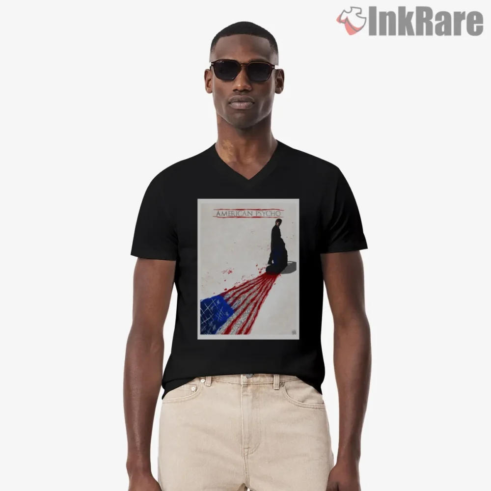 American Psycho American Flag Blood Trail Poster Shirt on black v-neck shirt for men graphic tee