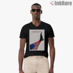 American Psycho American Flag Blood Trail Poster Shirt on black v-neck shirt for men graphic tee