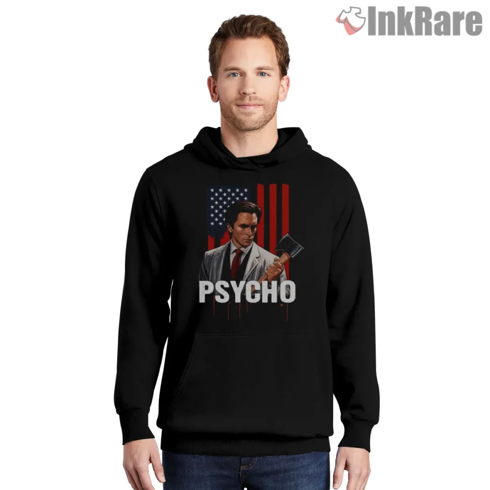 American Psycho Axe And Stripes Psycho Shirt on black hoodie for men graphic tee