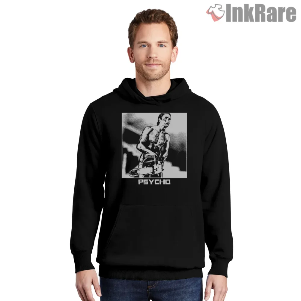 American Psycho Black And White Axe Silhouette Shirt on black hoodie for men graphic tee