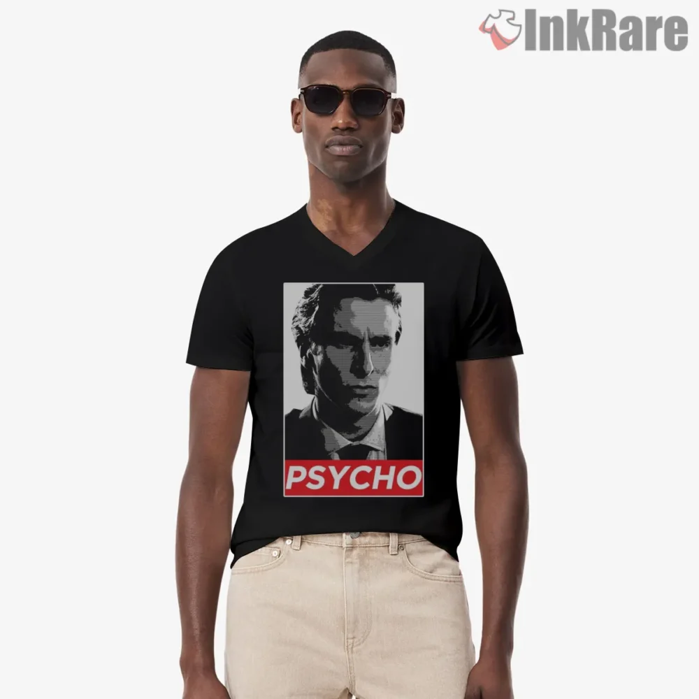 American Psycho Black And White Psycho Portrait Shirt on black v-neck shirt for men graphic tee