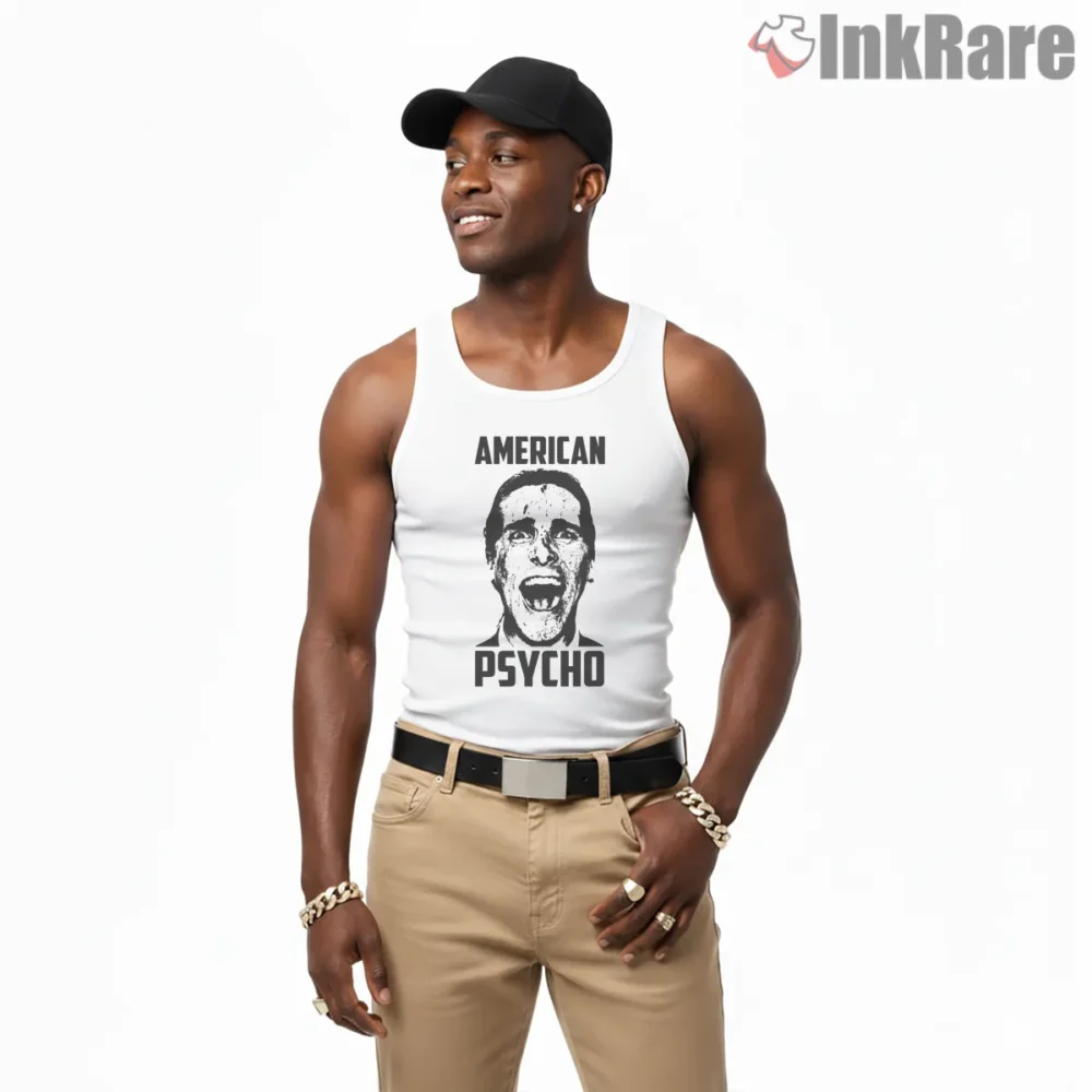 American Psycho Black And White Scream Artwork Shirt on white tank top for men graphic tee