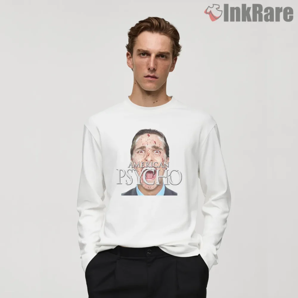 American Psycho Blood Spattered Face Typography Shirt on white long sleeve shirt for men graphic tee