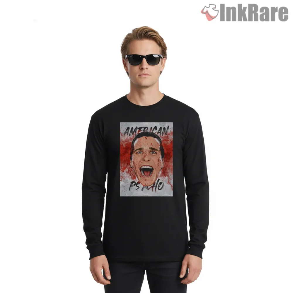 American Psycho Blood Splatter Scream Portrait Shirt on black long sleeve shirt for men graphic tee