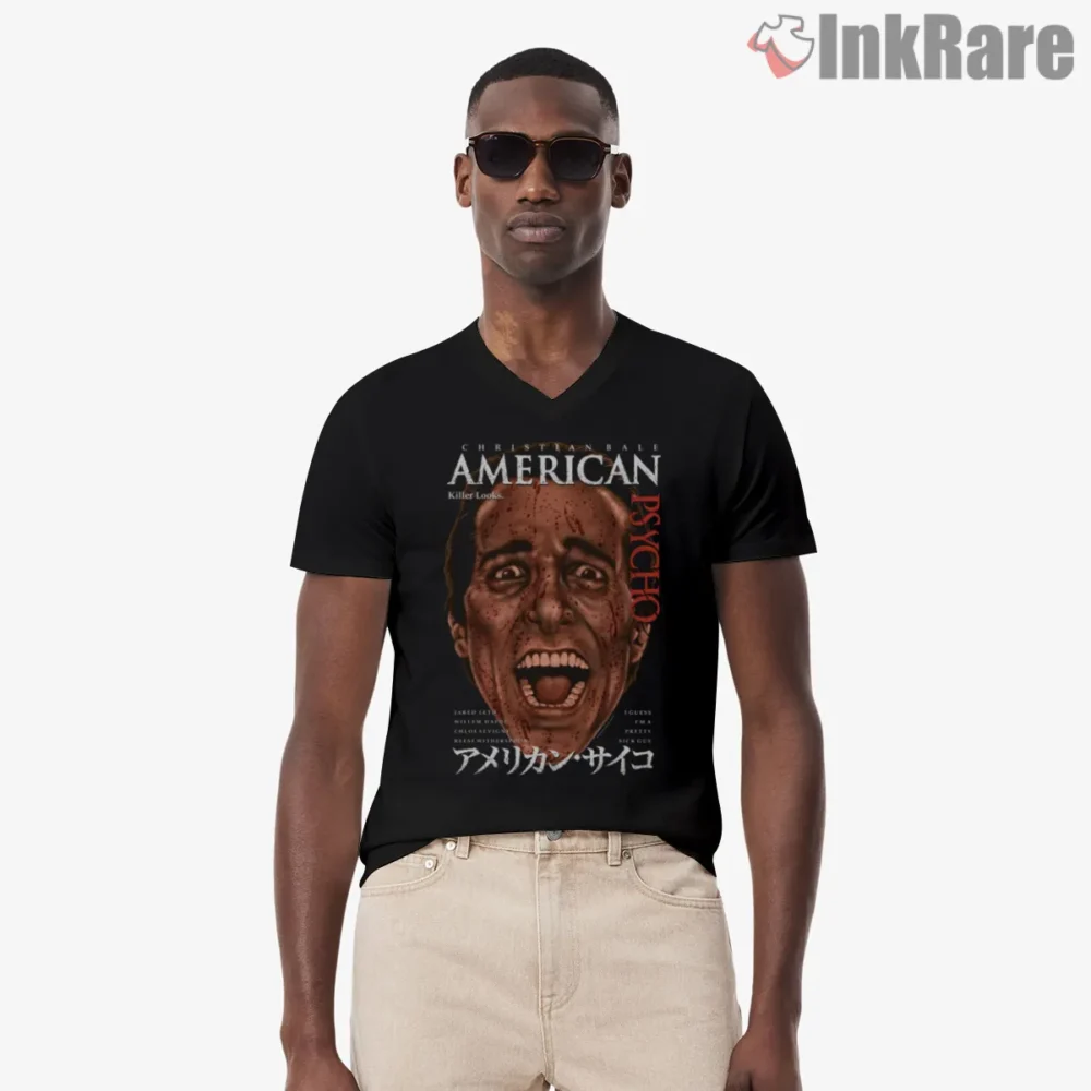 American Psycho Bloody Grin Japanese Poster Shirt on black v-neck shirt for men graphic tee