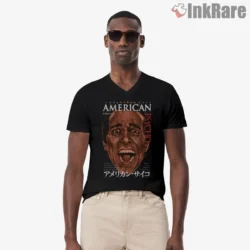 American Psycho Bloody Grin Japanese Poster Shirt on black v-neck shirt for men graphic tee