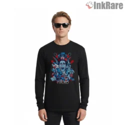 American Psycho Blue And Red Chaos Aesthetic Collage Shirt on black long sleeve shirt for men graphic tee