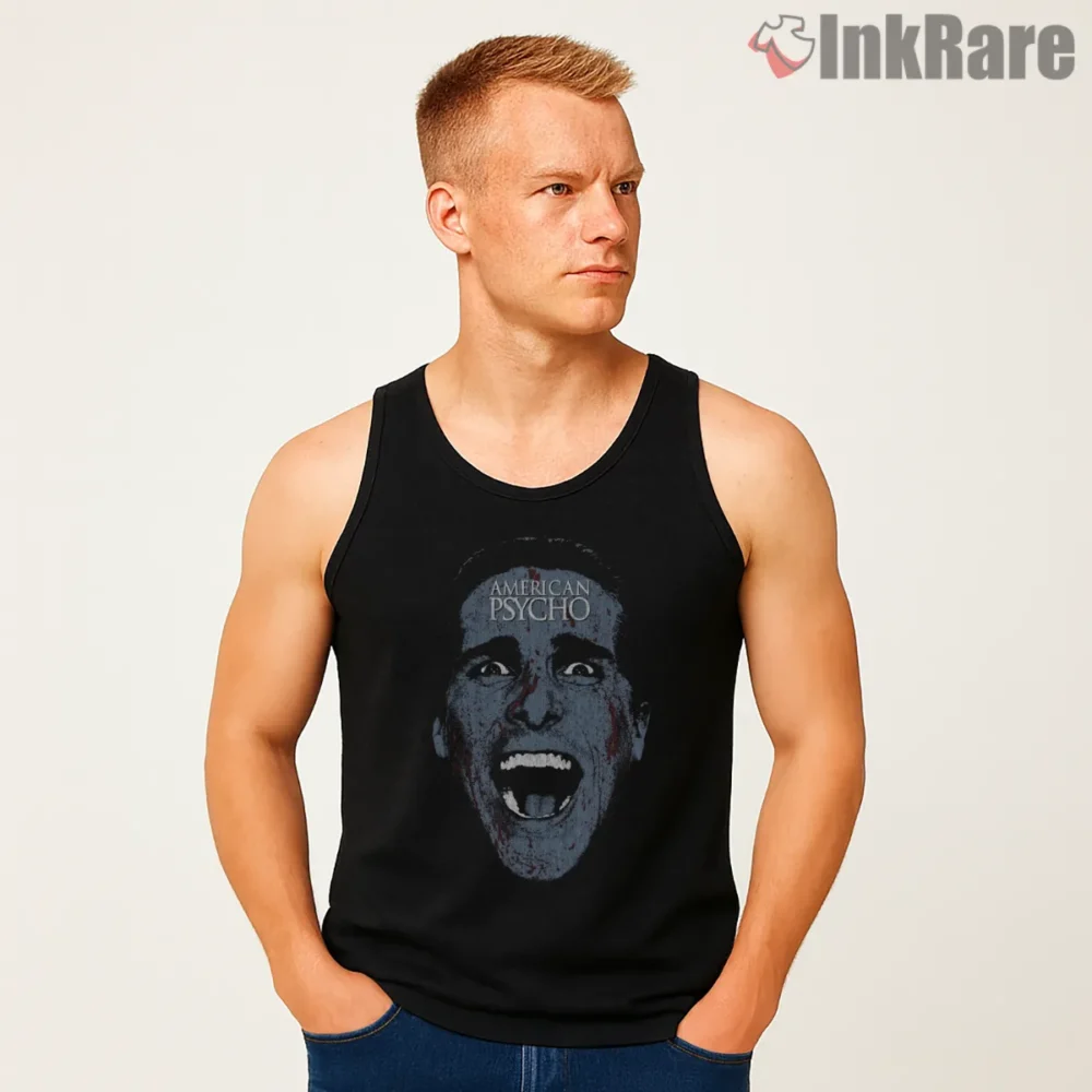 American Psycho Blue Night Scream Portrait Shirt on black tank top for men graphic tee