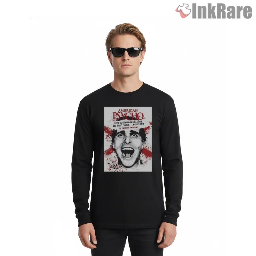 American Psycho Business And Blood Vintage Cover Shirt on black long sleeve shirt for men graphic tee
