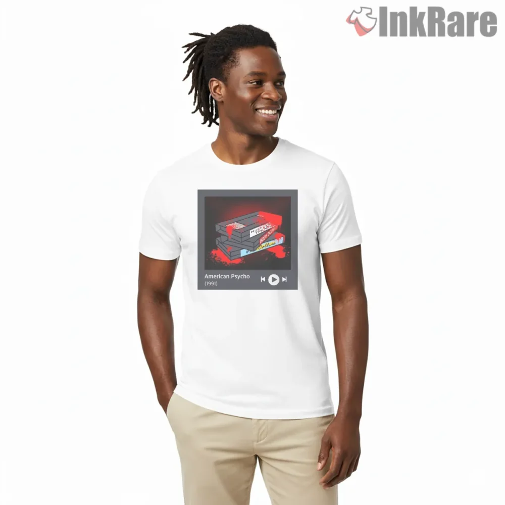 American Psycho Cassette Stack Spotify Cover Shirt on white short sleeve shirt for men graphic tee