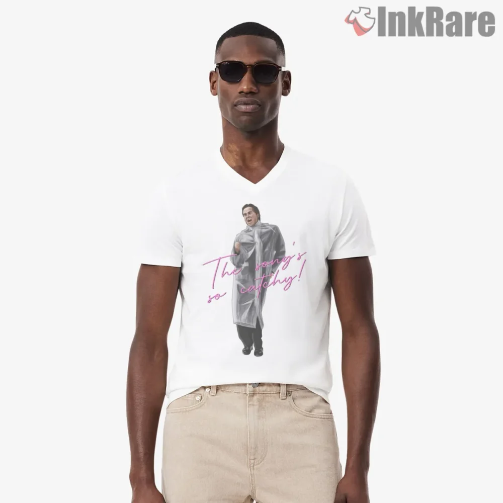 American Psycho Catchy Song Raincoat Dance Shirt on white v-neck shirt for men graphic tee