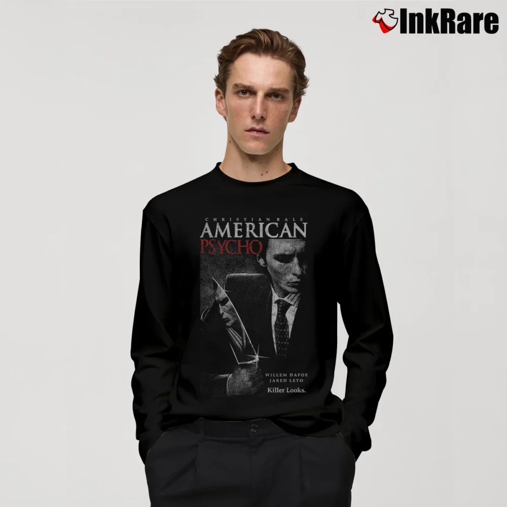 Men’s American Psycho Christian Bale Killer Looks Long-Sleeve Shirt in black | Sleek, Lightweight, Year-Round Wear