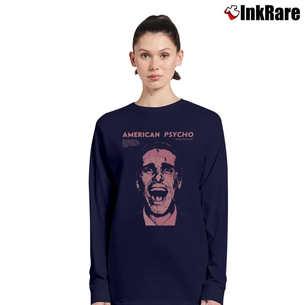 Women’s American Psycho Christian Bale Long-Sleeve Top in navy | Sleek, Versatile, All-Season