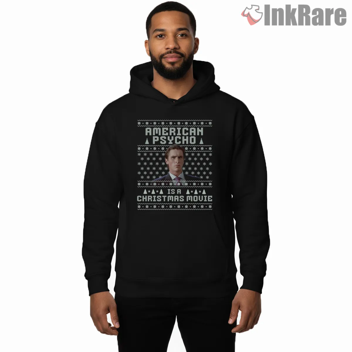 American Psycho Christmas Sweater Movie Shirt on black hoodie for men graphic tee