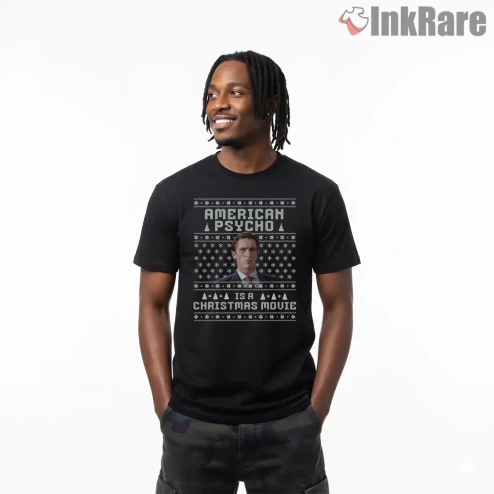 American Psycho Christmas Sweater Movie Shirt on black short sleeve shirt for men graphic tee