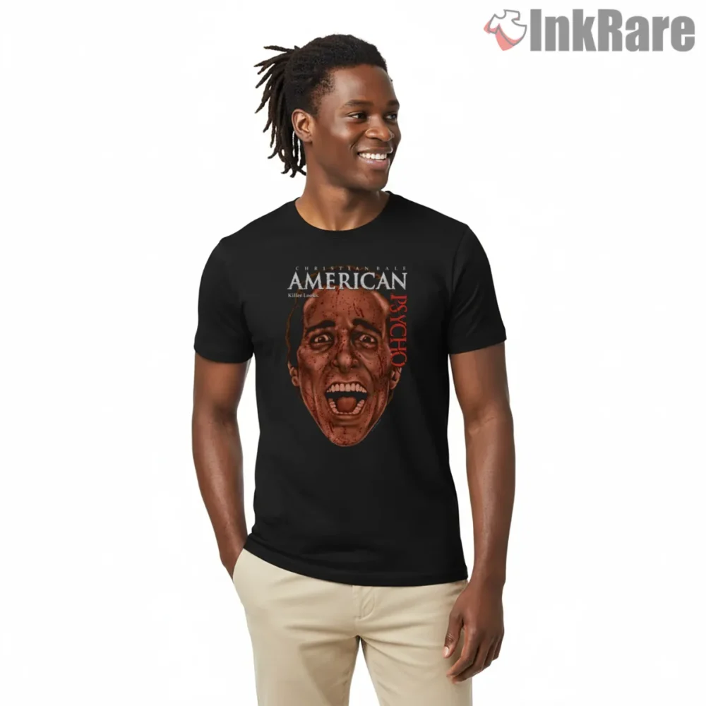 American Psycho Classic Blood Spattered Scream Shirt on black short sleeve shirt for men graphic tee