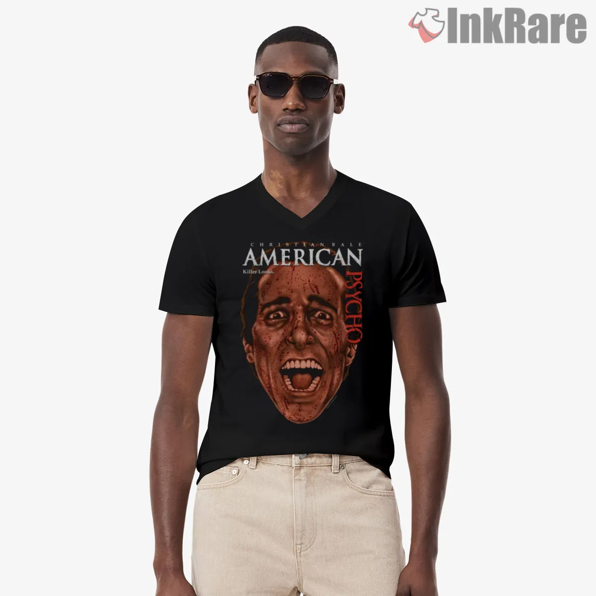 American Psycho Classic Blood Spattered Scream V Neck Black American Psycho Classic Blood Spattered Scream Shirt on black v-neck shirt for men graphic tee