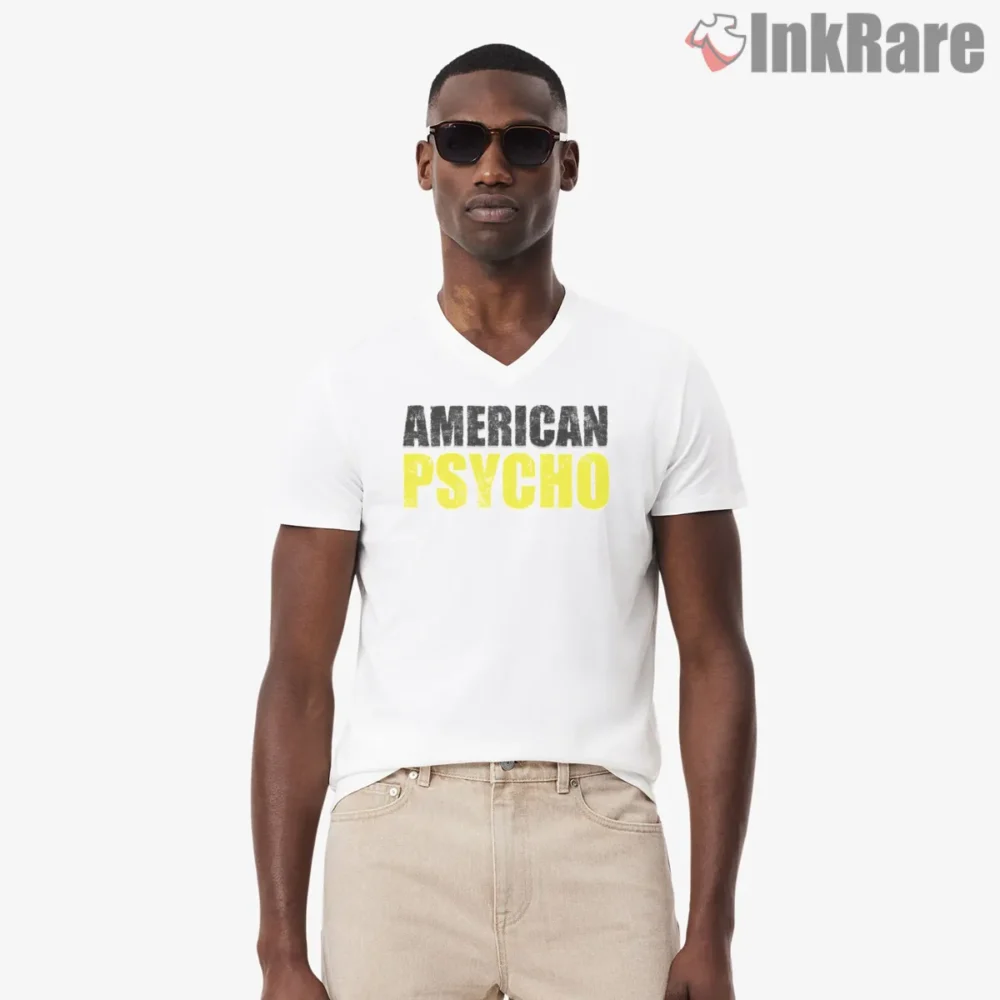American Psycho Distressed Block Logo Shirt on white v-neck shirt for men graphic tee
