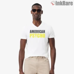 American Psycho Distressed Block Logo Shirt on white v-neck shirt for men graphic tee