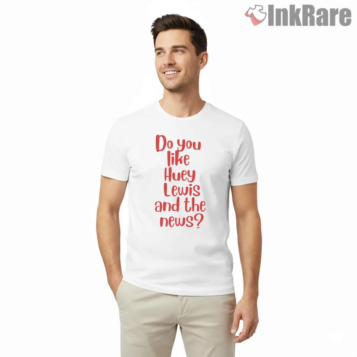 American Psycho Do You Like Huey Lewis Script Shirt on white short sleeve shirt for men graphic tee