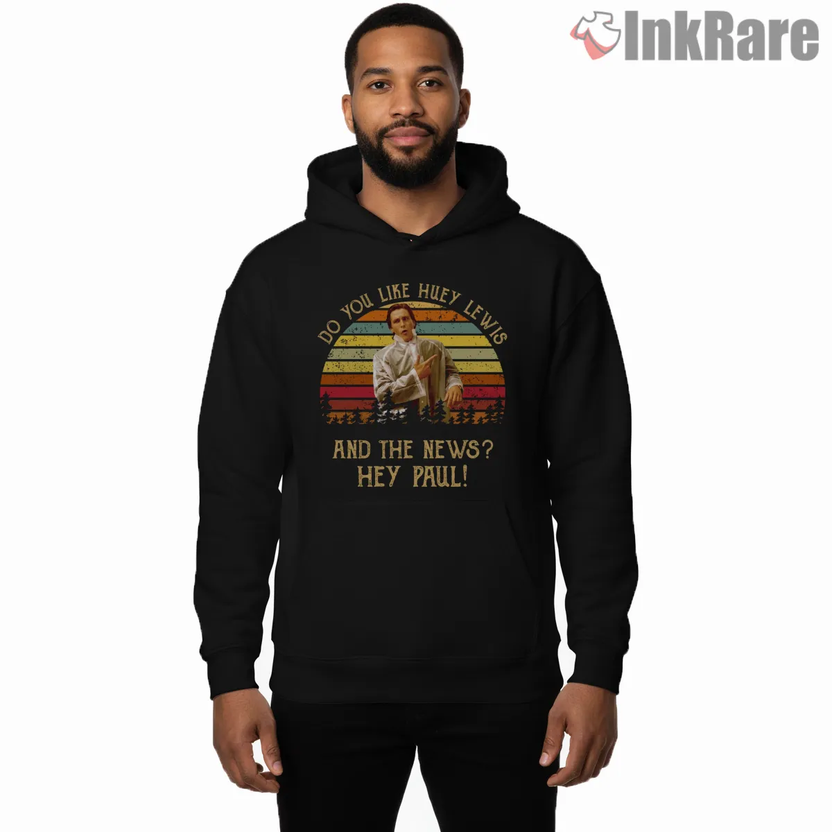 American Psycho Do You Like Huey Lewis Sunset Shirt on black hoodie for men graphic tee