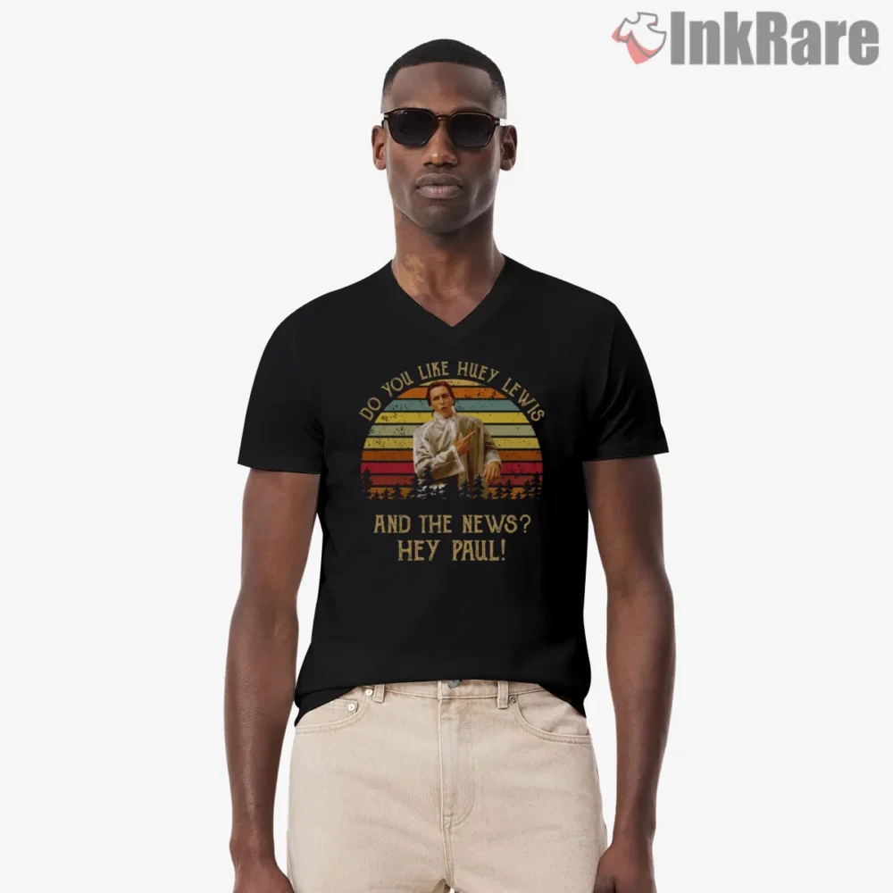 American Psycho Do You Like Huey Lewis Sunset Shirt on black v-neck shirt for men graphic tee