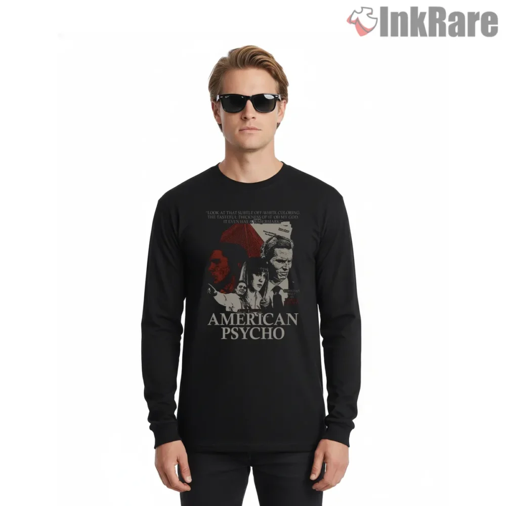 American Psycho Ensemble Cast Blood Red Poster Shirt on black long sleeve shirt for men graphic tee