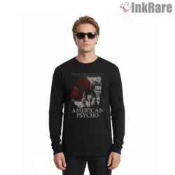 American Psycho Ensemble Cast Blood Red Poster Shirt on black long sleeve shirt for men graphic tee