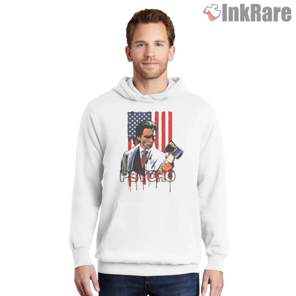 American Psycho Flag And Axe Blood Drip Shirt on white hoodie for men graphic tee