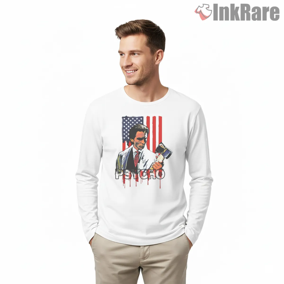 American Psycho Flag And Axe Blood Drip Shirt on white long sleeve shirt for men graphic tee