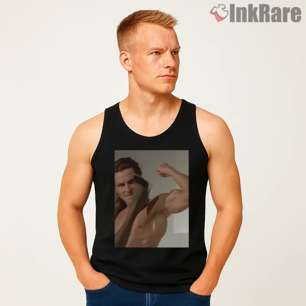 American Psycho Flex And Heels Power Scene Shirt on black tank top for men graphic tee