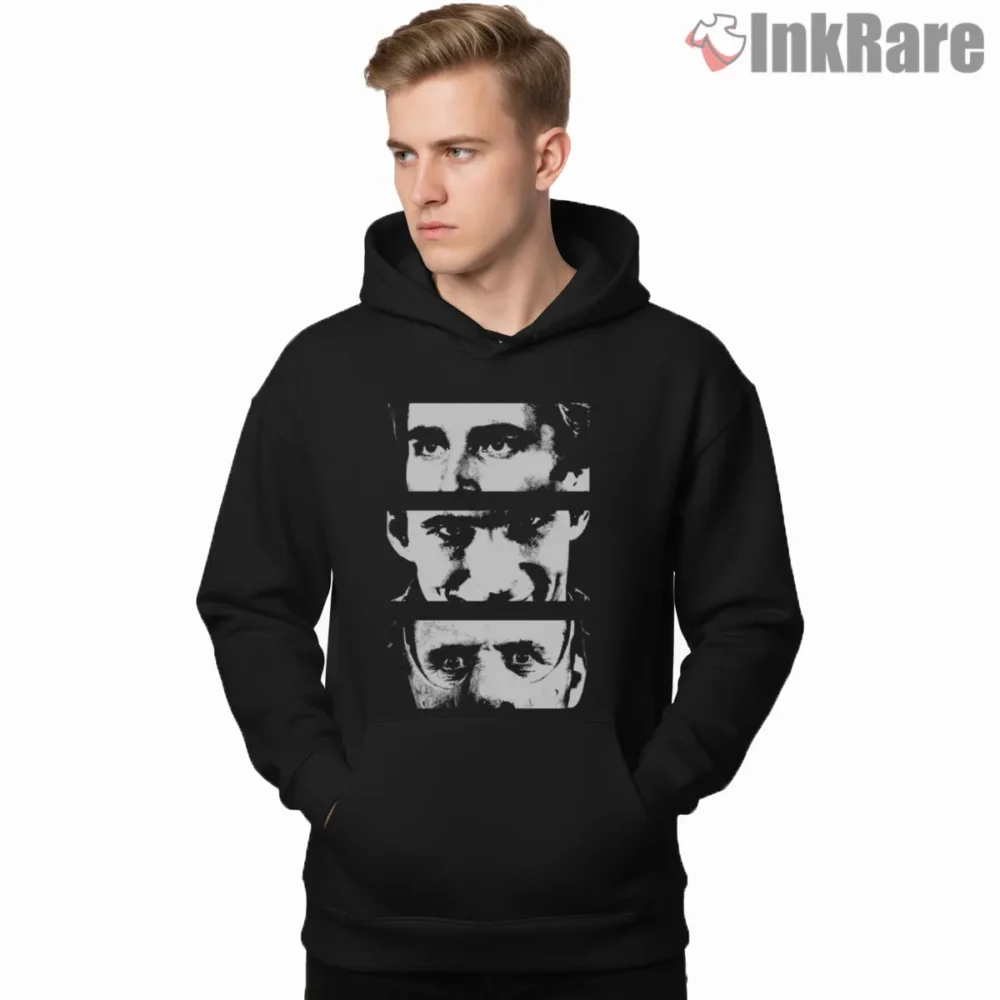 American Psycho Fragmented Psycho Eyes Shirt on black hoodie for men graphic tee