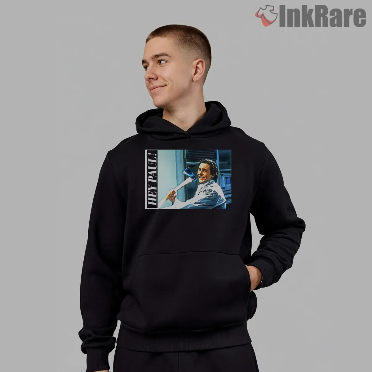 American Psycho Hey Paul Kitchen Axe Scene Shirt on black hoodie for men graphic tee