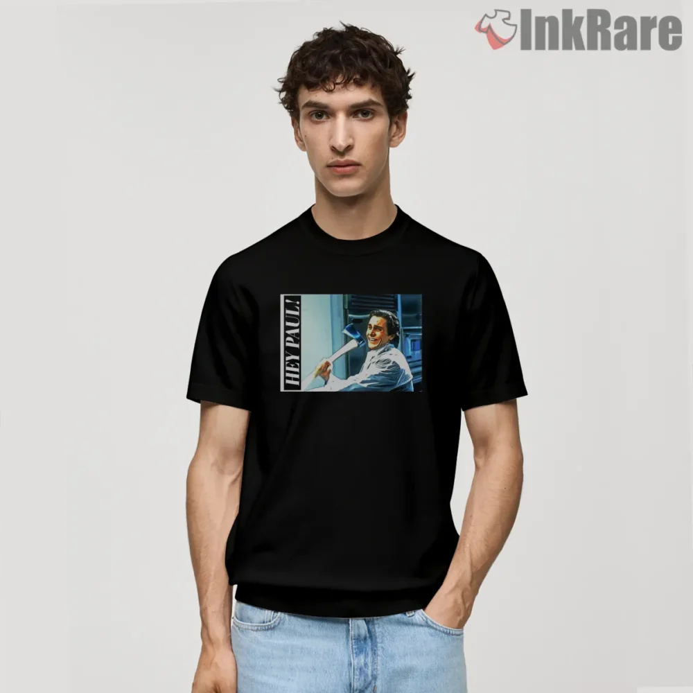 American Psycho Hey Paul Kitchen Axe Scene Shirt on black short sleeve shirt for men graphic tee