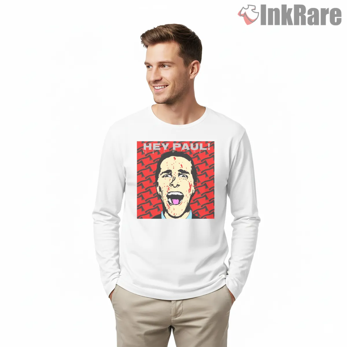 American Psycho Hey Paul Red Scream Shirt on white long sleeve shirt for men graphic tee