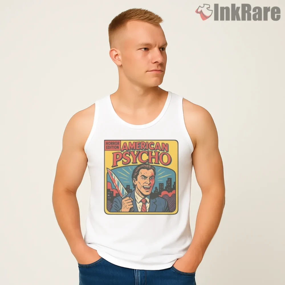 American Psycho Horror Comics Cover Shirt on white tank top for men graphic tee
